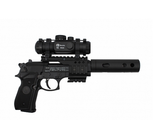 Пневматический пистолет BERETTA M92 FS (глушитель, коллиматор, черн. с черн. пласт. накладками)